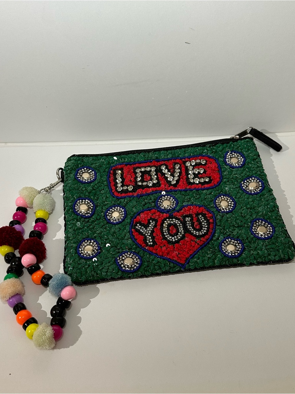 Essentiel Antwerp Love You Sequin Beaded Clutch Pouch Wristlet Green Embellished